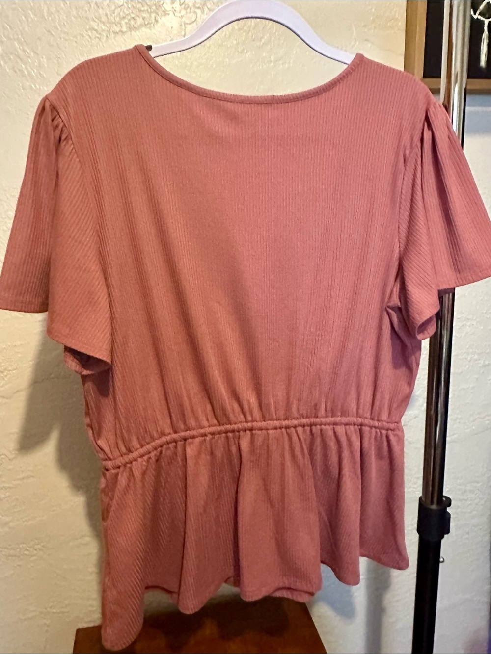 Button-Front Pink Short Sleeve Drawstring Top - Picture 3 of 3